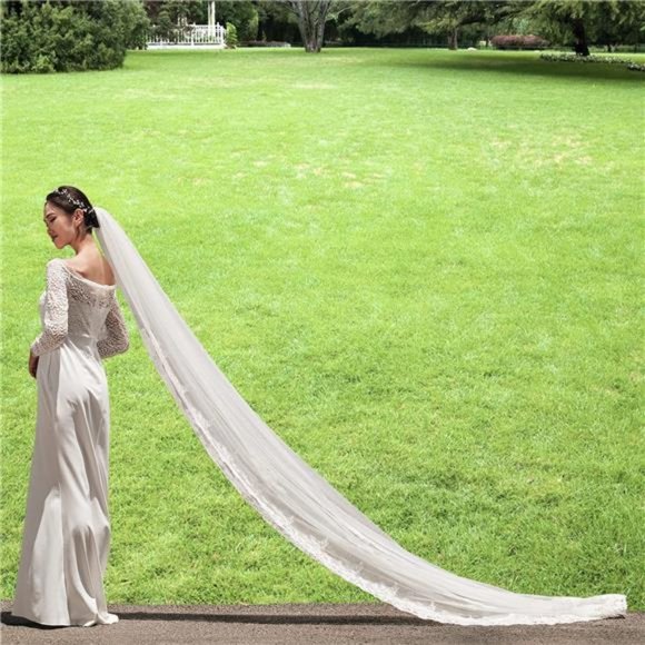 Wedding Veil and Tiara, 1 Tier Lace Cathedral Wedding Veil with Comb 118\